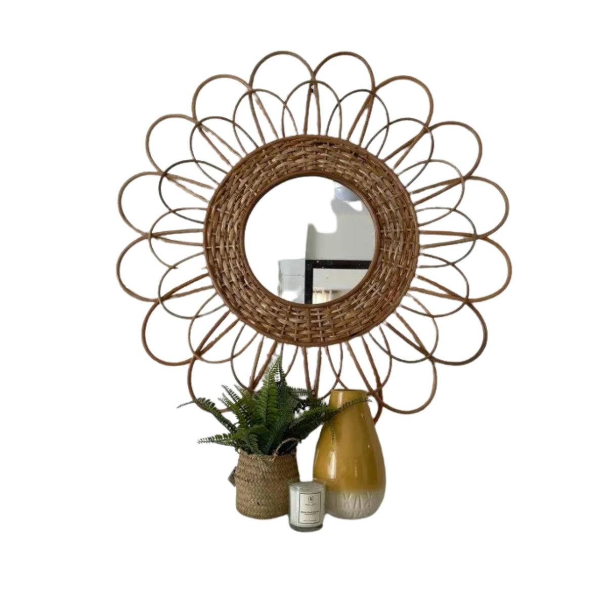 35-inch Rattan Bohemian Floral Wall Mirror