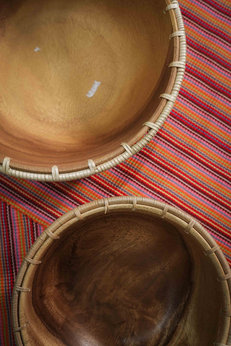 Round Acacia Bowl Server Woven Set of 2