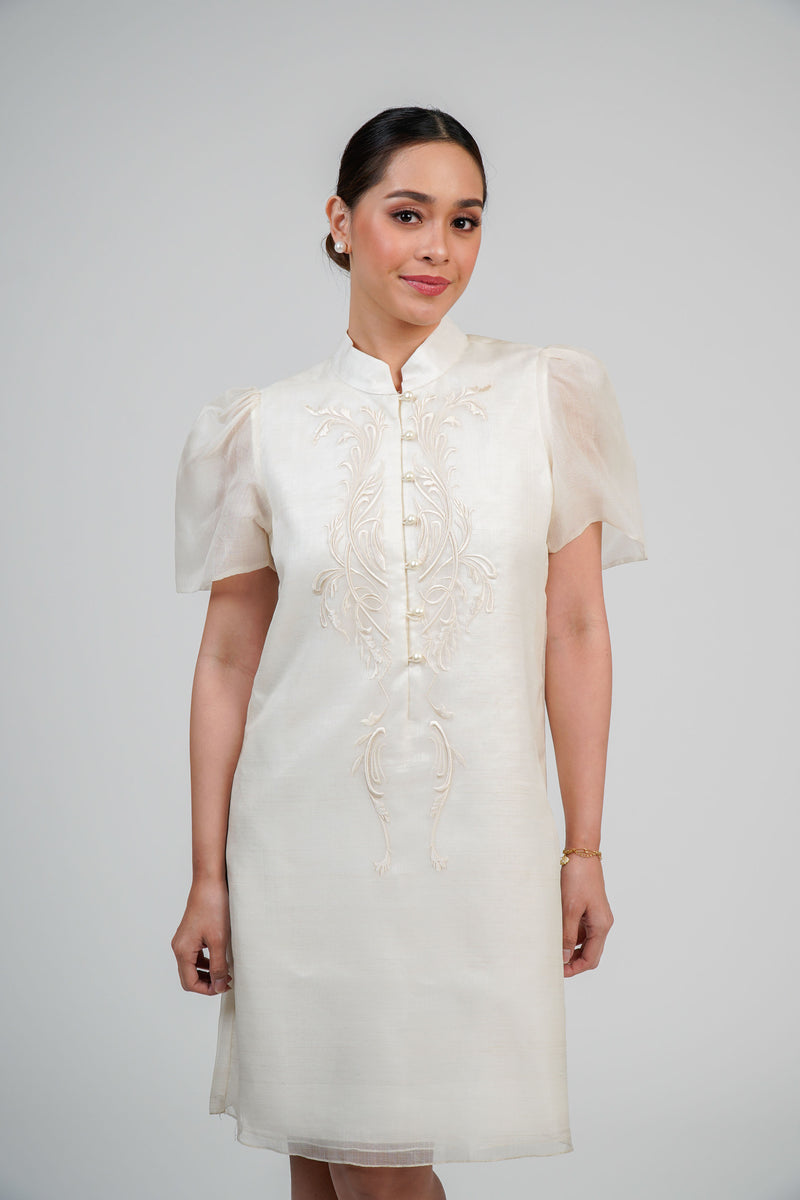 Short Puff-Sleeve Silk Cocoon Barong Dress