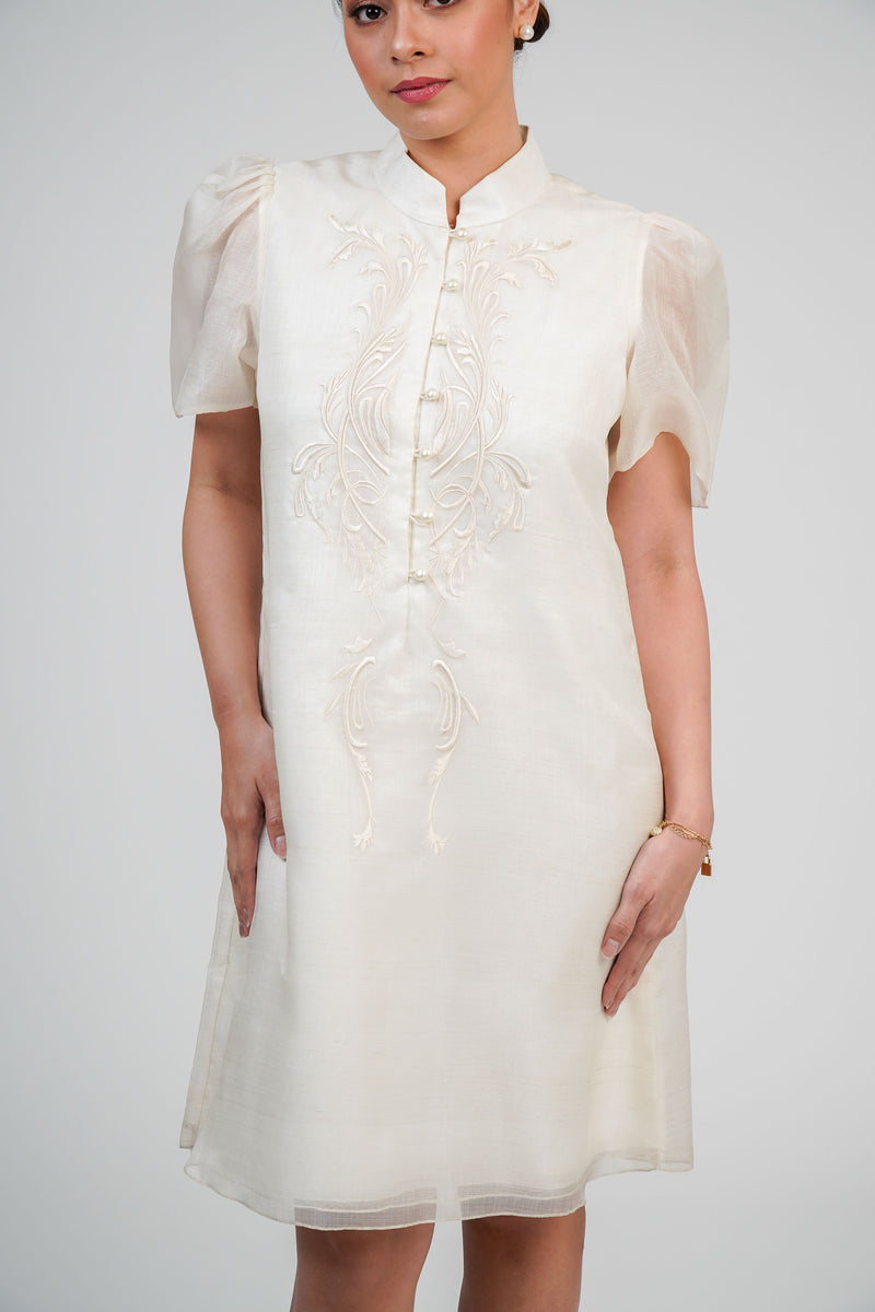 Short Puff-Sleeve Silk Cocoon Barong Dress