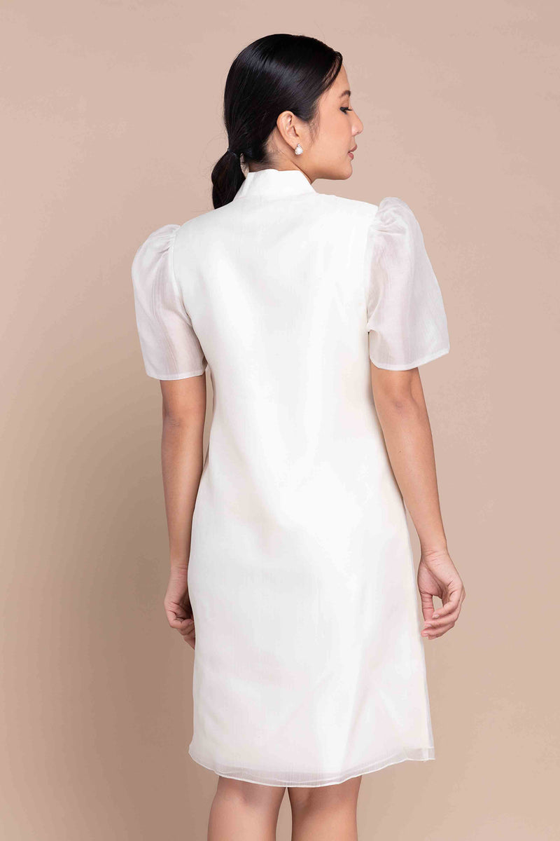 Short Puff-Sleeve Silk Cocoon Barong Dress