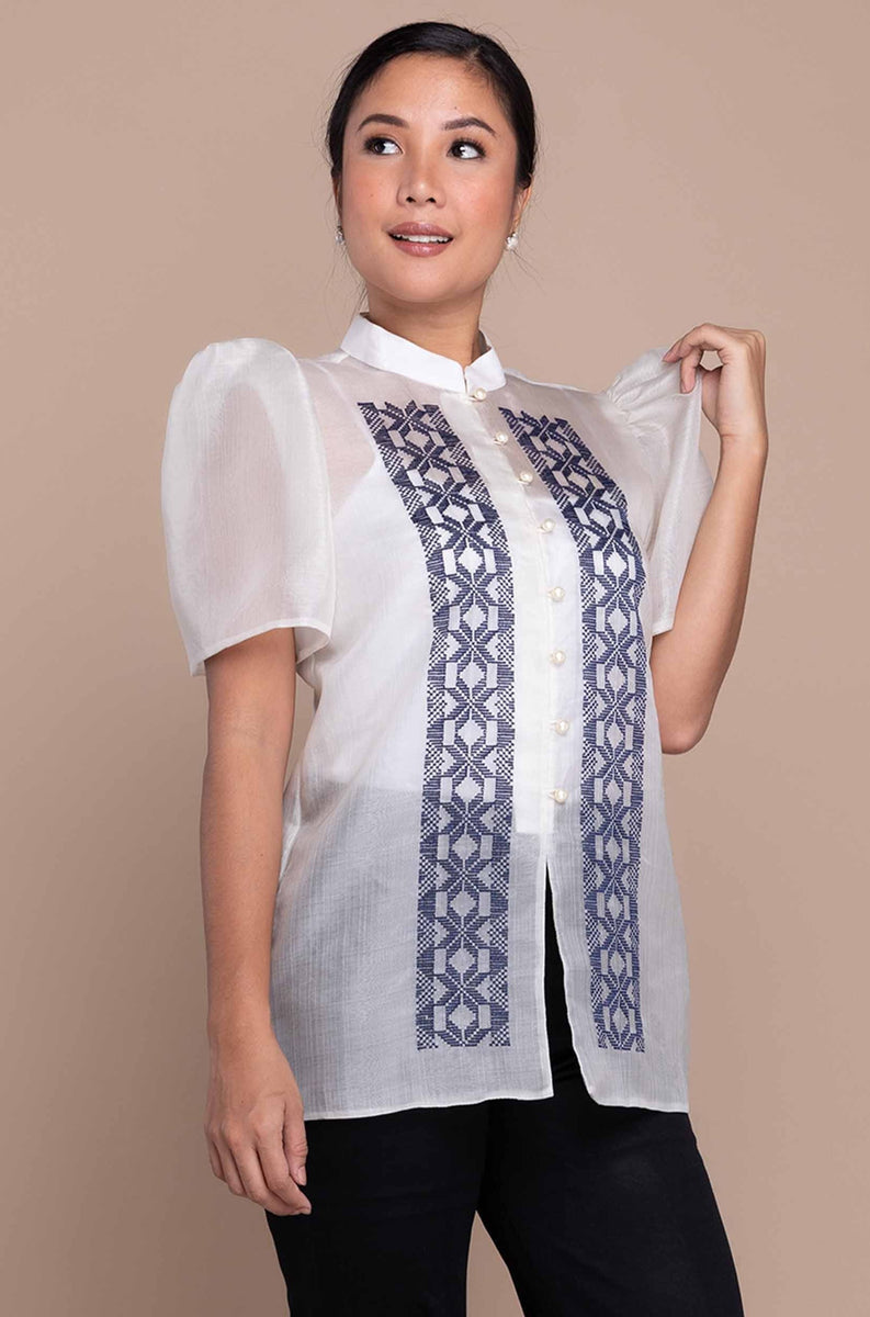Modern Silk Cocoon Puff-Sleeve Terno Top