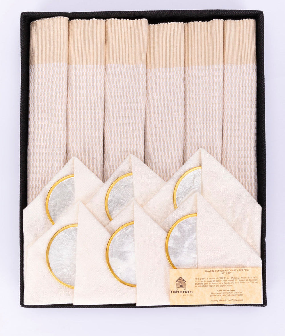 Handwoven Binacol Beige Center Placemat with Coaster and Napkin Set of 6