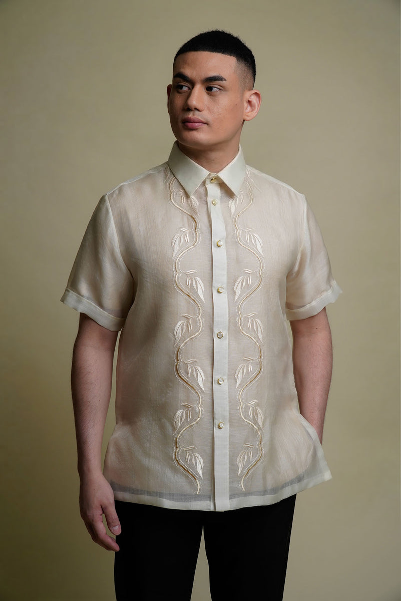 Men's Cocoon Silk Short Sleeves Barong with Embroidery in Beige