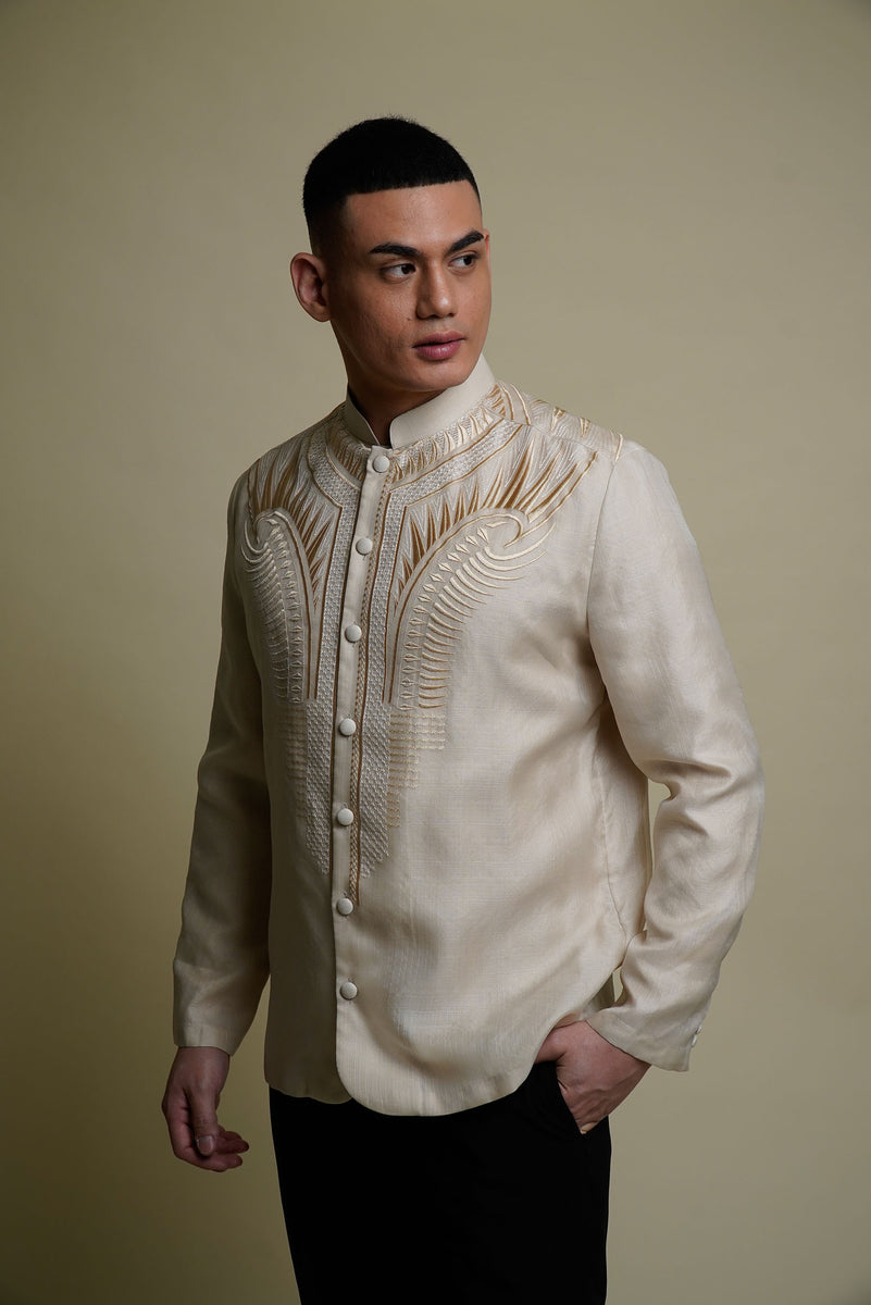 Men's Cocoon Silk Batok Coat Barong in Beige