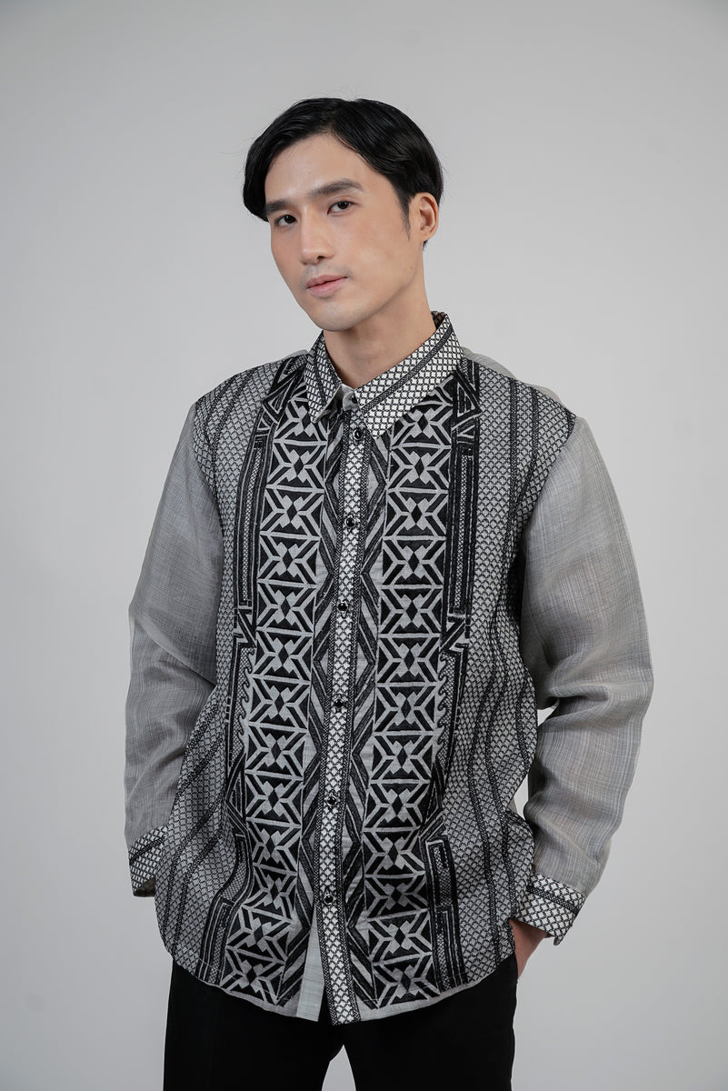 Men's Cocoon Long Sleeved Barong in Black