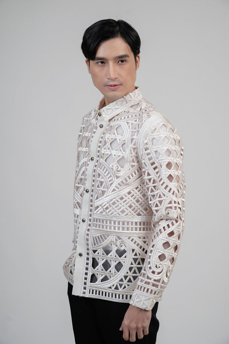 Men's Pure Embroidered Cutwork Barong in Beige