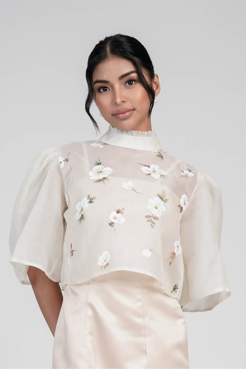 Women's Hand-Painted White Flowers Cocoon Silk Filipiniana Top