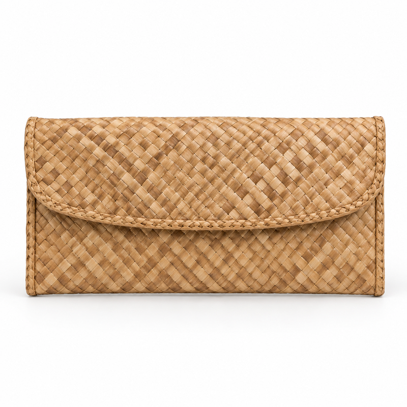 AI-generated representation of the Coco-style handwoven banig envelope clutch